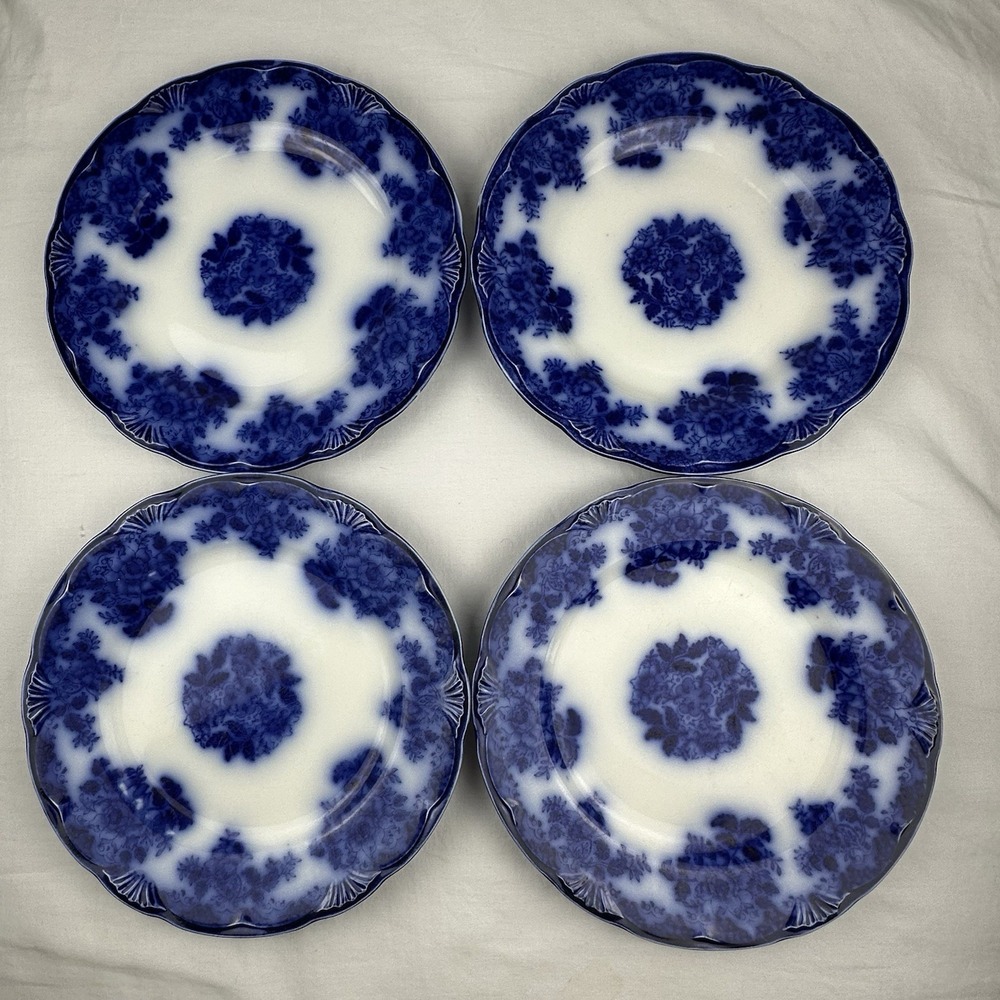 4 New Wharf Waldorf Flow Blue 9" Plates Antique England Blue White